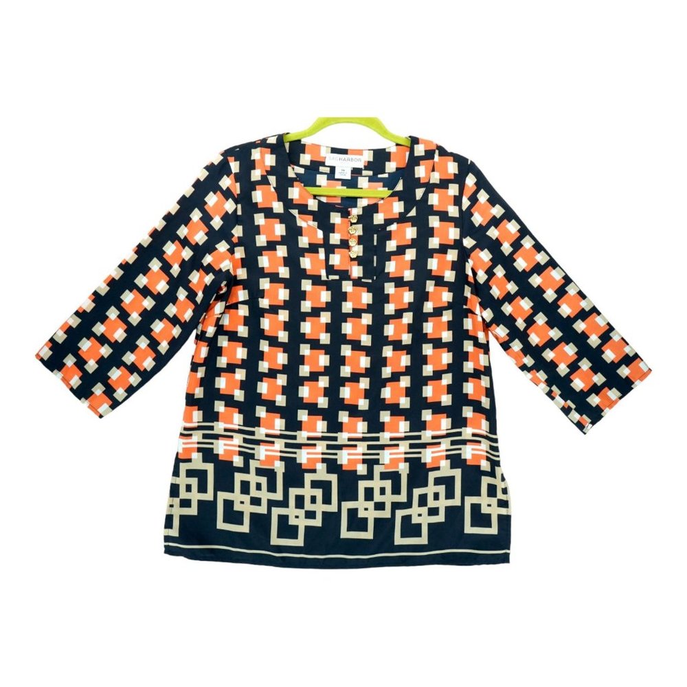Sag‎ Harbor Geometric Print Tunic Top Blue Orange Tan White Size PM 3/4 Sleeve